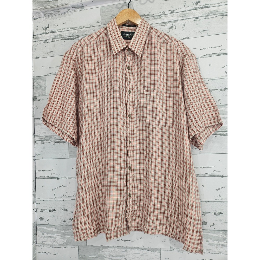 ColorPlus Mens L Red Beige Plaid 100% Linen Short Sleeve Button Down Shirt L/42